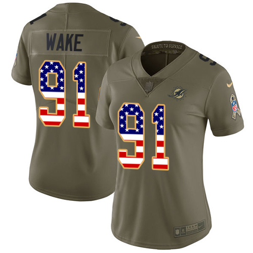 Nike Miami Dolphins #91 Cameron Wake Olive USA Flag Women Stitched NFL Limited 2017 Salute to Service Jersey